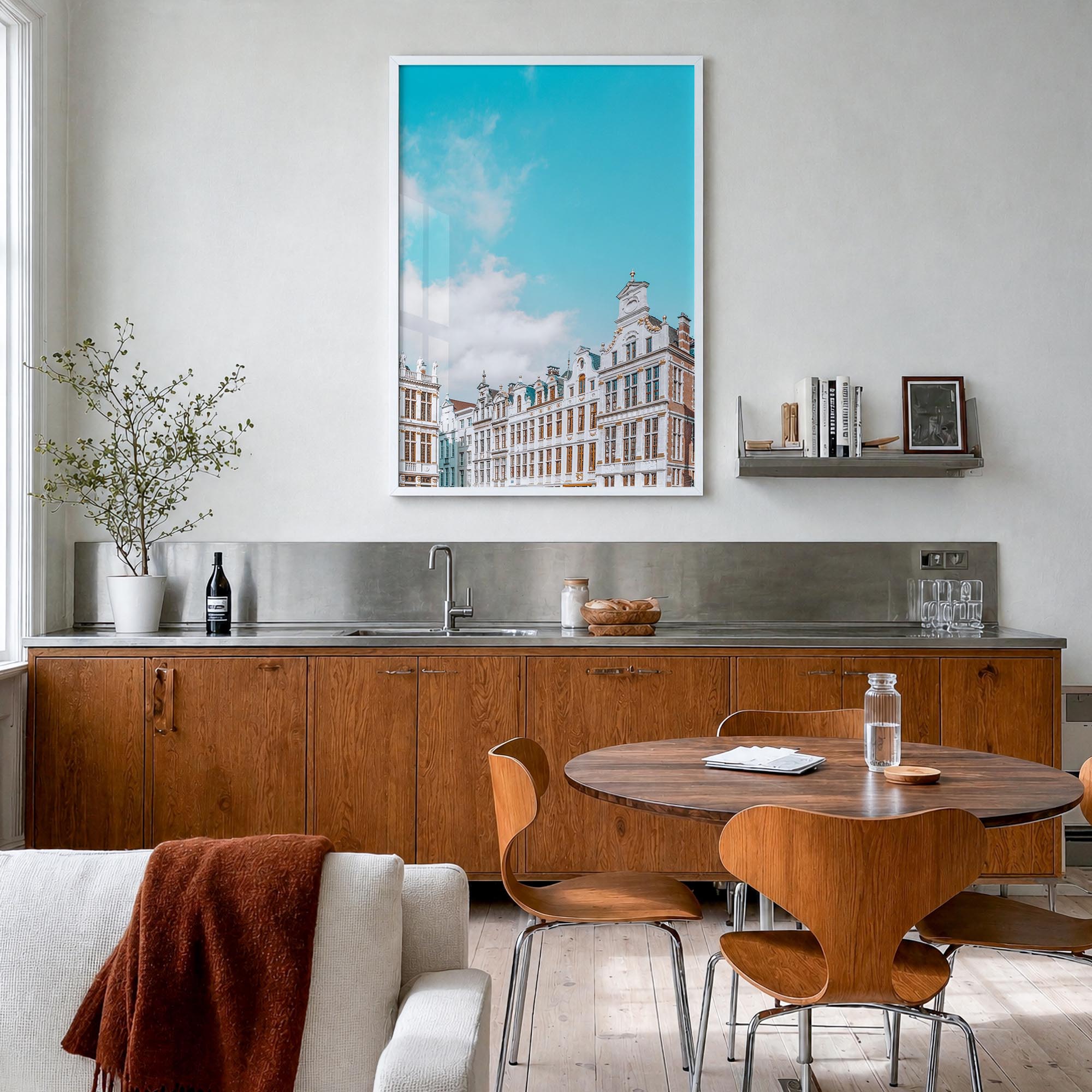 Brussels no. 2 colorful photo poster of Belgium – vertical wall art in white wood frame, hanging on wall
