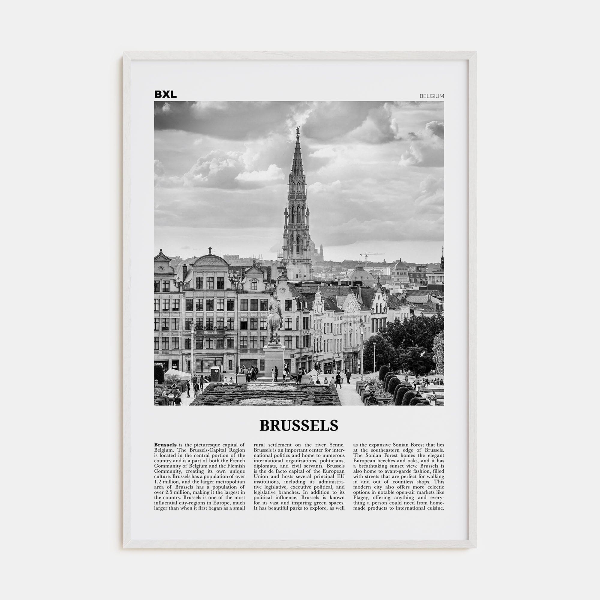 Brussels Poster White Wood / 8x12 in Nbourhood Travel B&W Poster