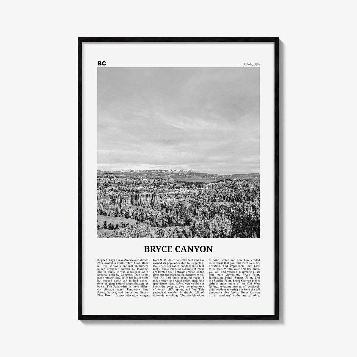 Bryce Canyon National Park black & white newspaper poster of Utah, USA – vertical wall art, unframed print shown in interior 