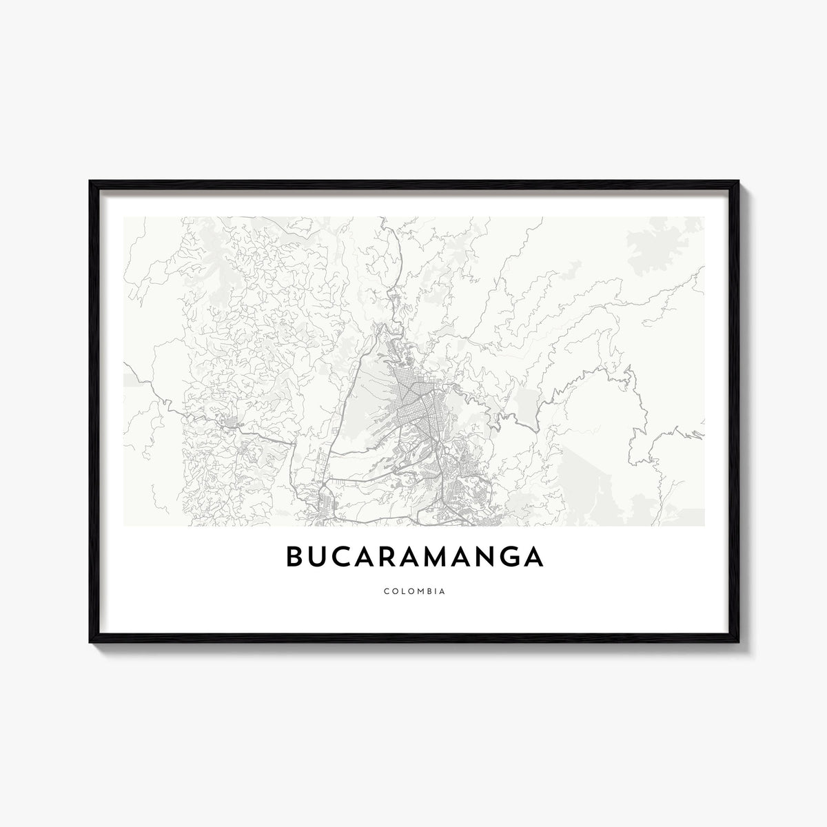 Bucaramanga black & white map poster of Colombia – horizontal wall art, unframed print shown in interior mockup