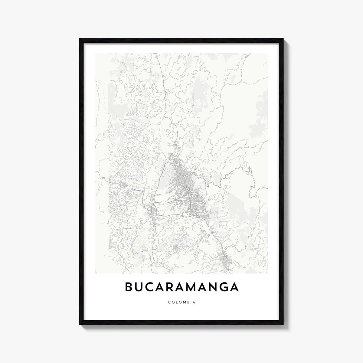 Bucaramanga black & white map poster of Colombia – vertical wall art, unframed print shown in interior mockup