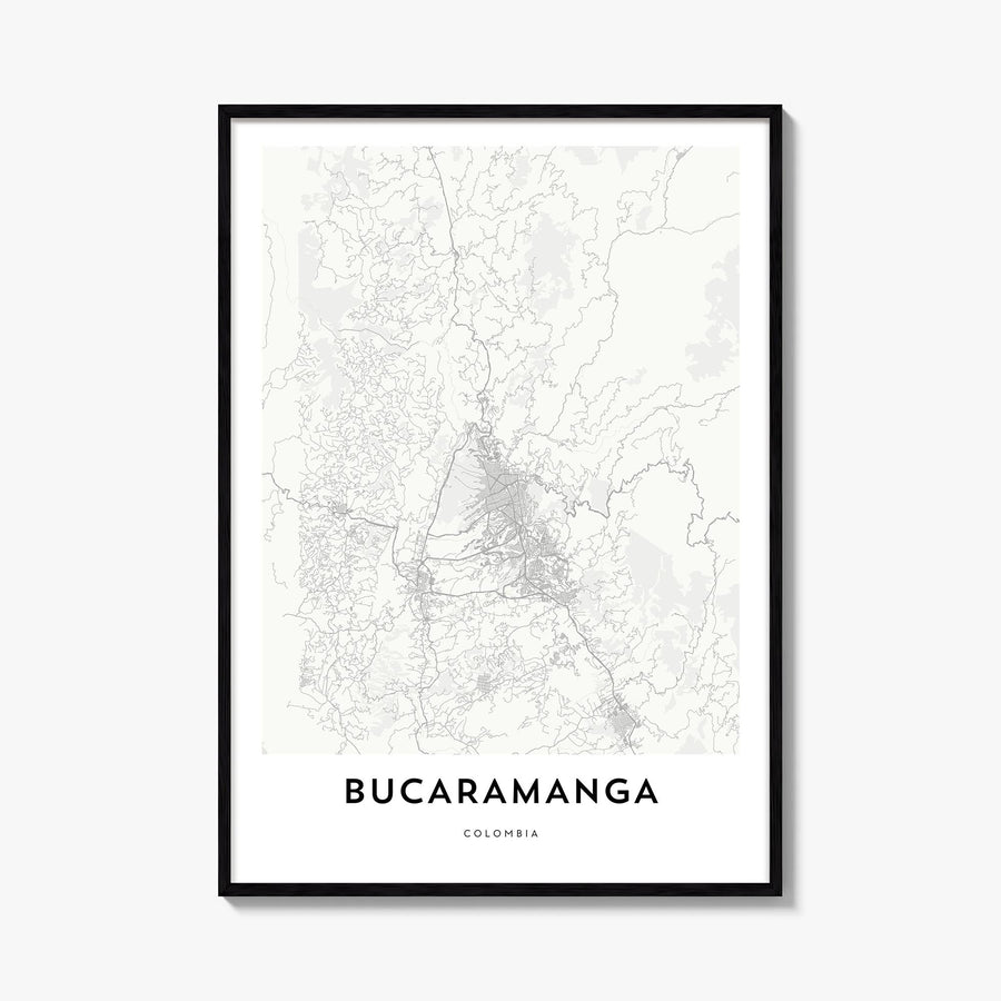 Bucaramanga black & white map poster of Colombia – vertical wall art, unframed print shown in interior mockup
