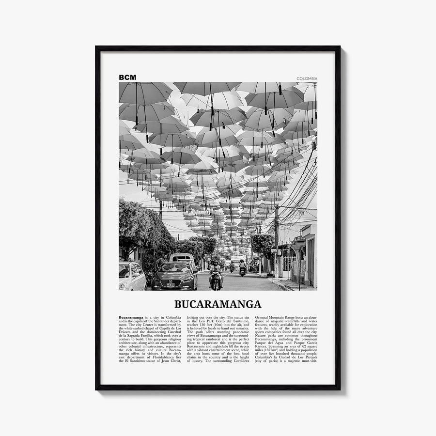Bucaramanga black & white newspaper poster of Colombia – vertical wall art, unframed print shown in interior mockup