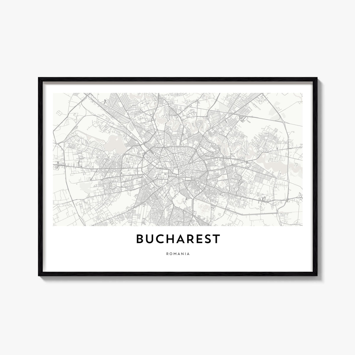 Bucharest black & white map poster of Romania – horizontal wall art, unframed print shown in interior mockup
