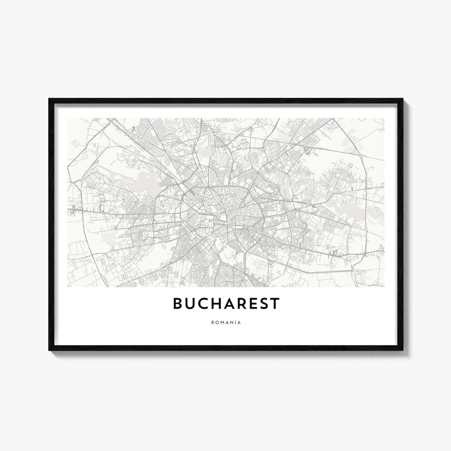 Bucharest black & white map poster of Romania – horizontal wall art, unframed print shown in interior mockup
