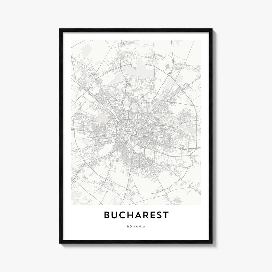 Bucharest black & white map poster of Romania – vertical wall art, unframed print shown in interior mockup