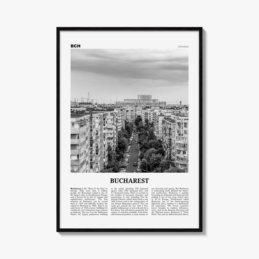 Bucharest no. 1 black & white newspaper poster of Romania – vertical wall art, unframed print shown in interior mockup