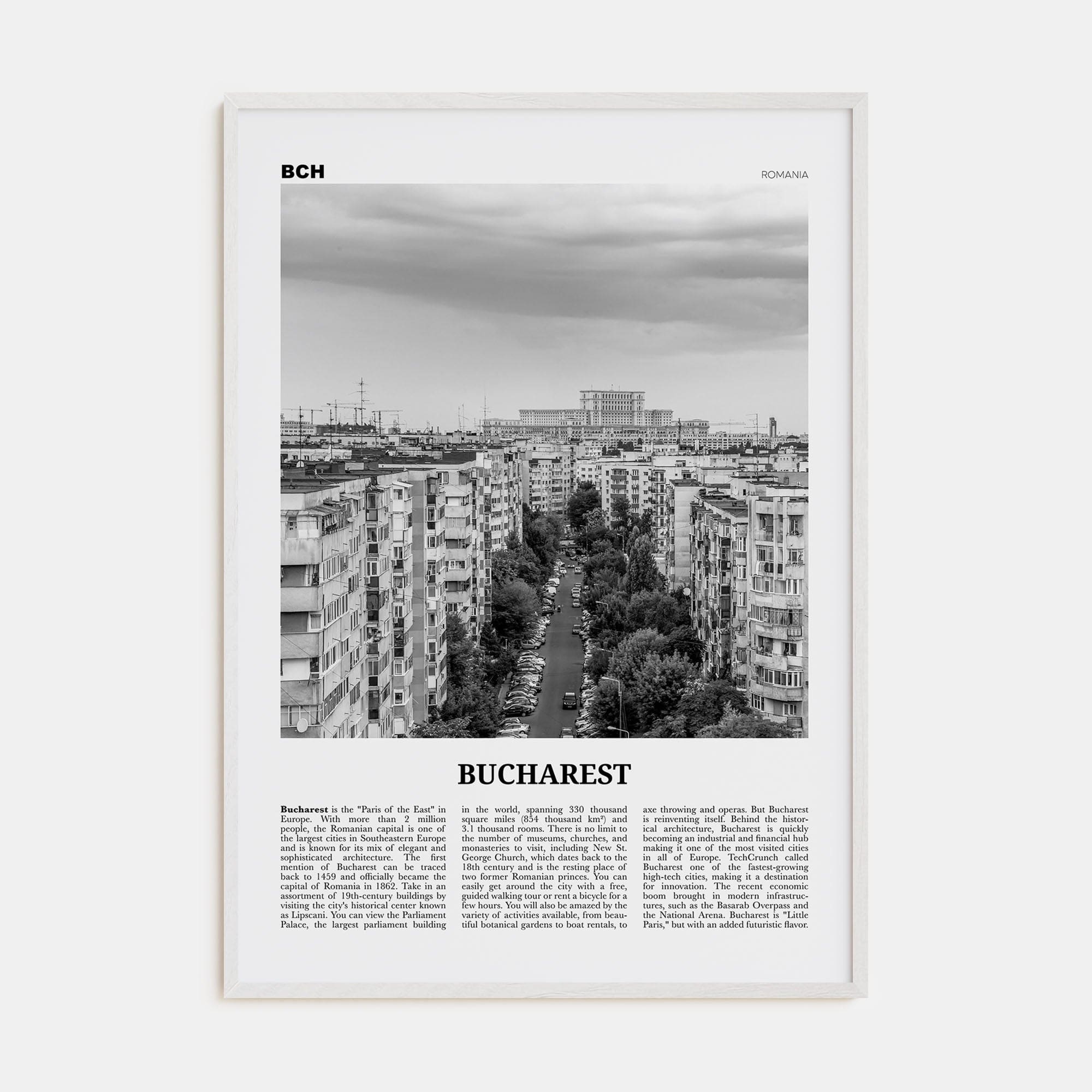 Bucharest No 1 Poster White Wood / 8x12 in Nbourhood Travel B&W Poster