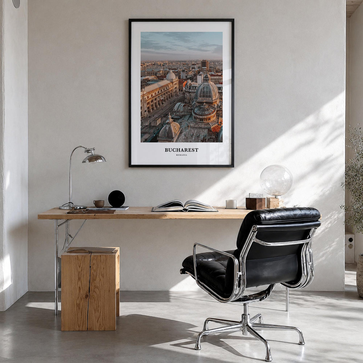 Bucharest no. 2 colorful classic poster of Romania – vertical wall art in black wood frame, hanging on wall