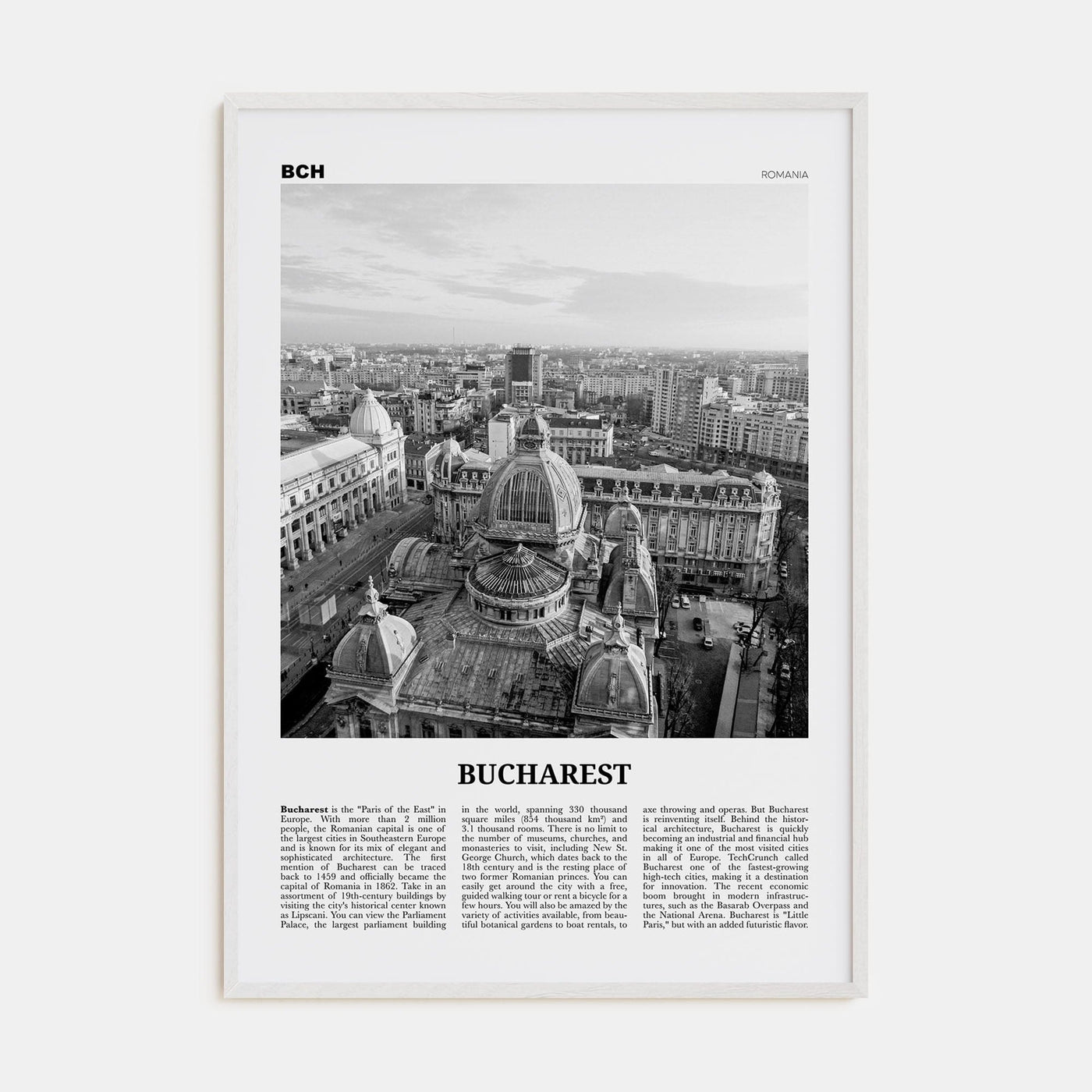 Bucharest No 2 Poster White Wood / 8x12 in Nbourhood Travel B&W Poster