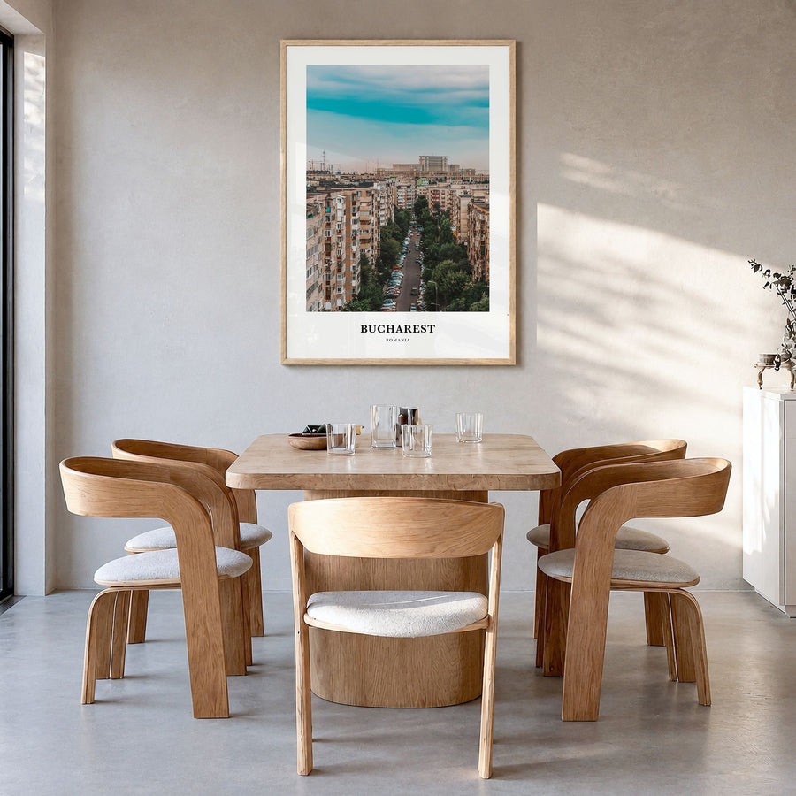 Bucharest Classic No 1 Poster in a natural wood frame, hanging in a dining room
