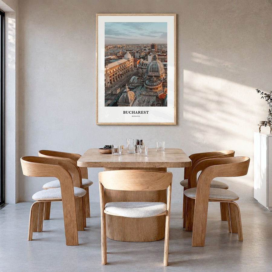 Bucharest Classic No 2 Poster in a natural wood frame, hanging in a dining room
