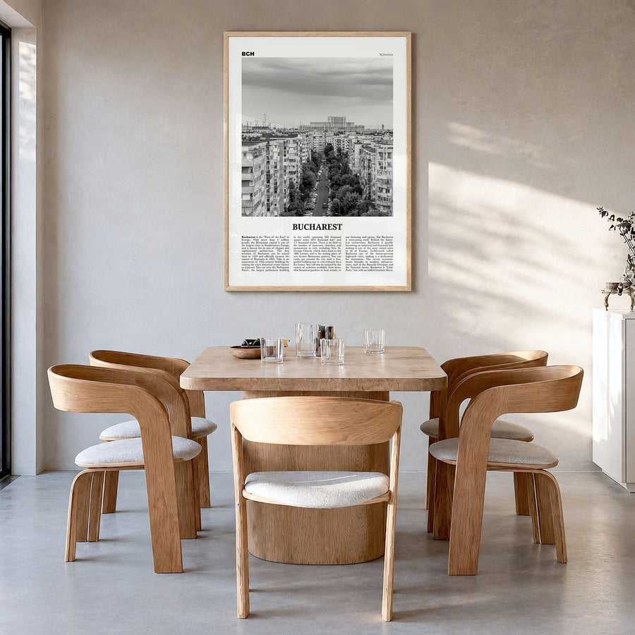 Bucharest Newspaper No 1 Poster in a natural wood frame, hanging in a dining room