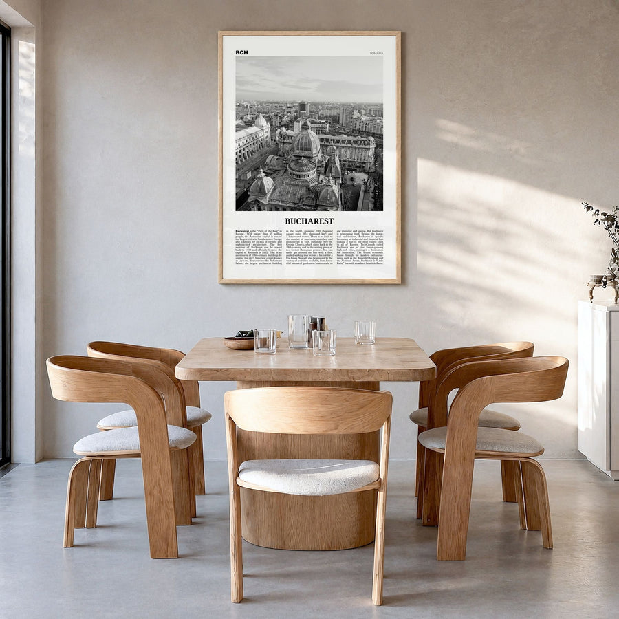 Bucharest Newspaper No 2 Poster in a natural wood frame, hanging in a dining room