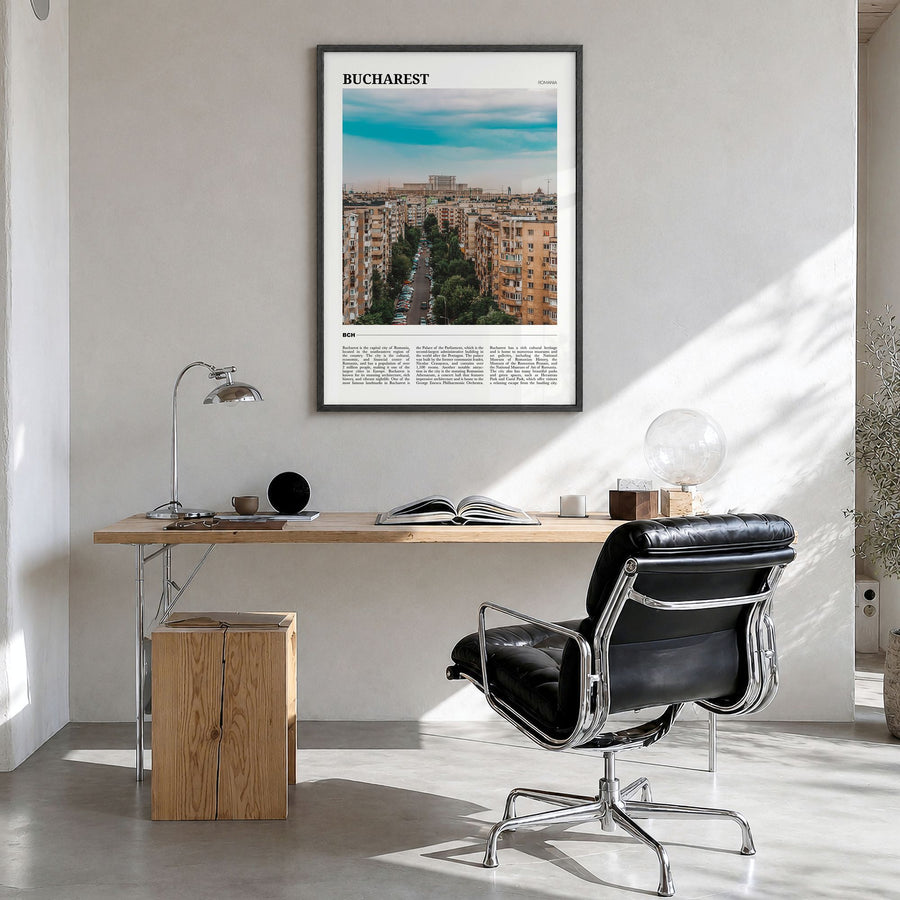 Bucharest Travel No 1 Poster in a black wood frame, hanging in a bright home office