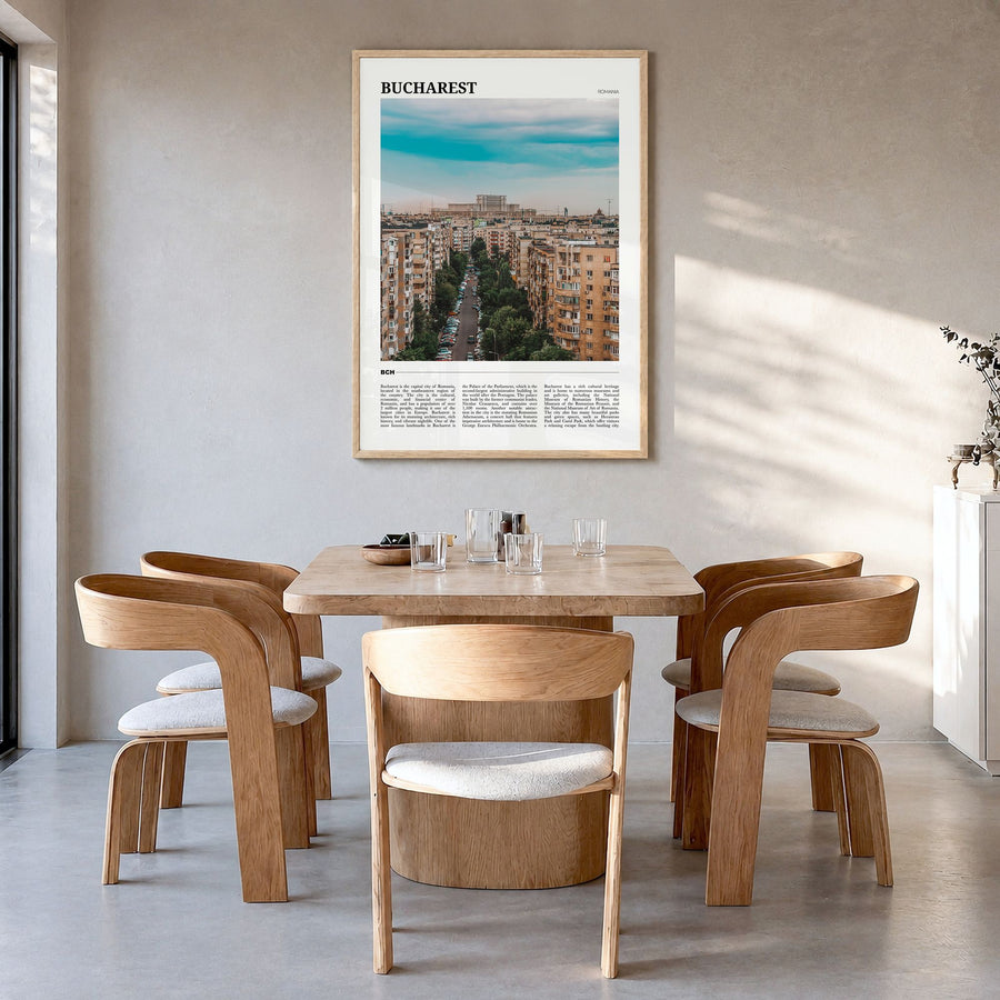Bucharest Travel No 1 Poster in a natural wood frame, hanging in a dining room