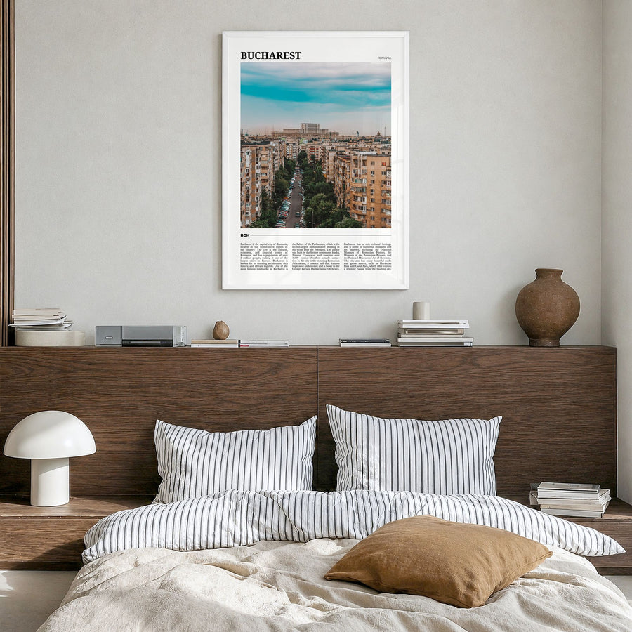 Bucharest Travel No 1 Poster in a white wood frame, hanging in a bedroom