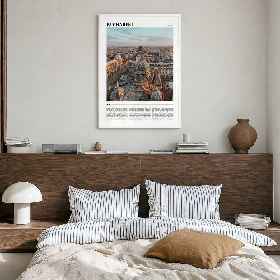 Bucharest Travel No 2 Poster in a white wood frame, hanging in a bedroom