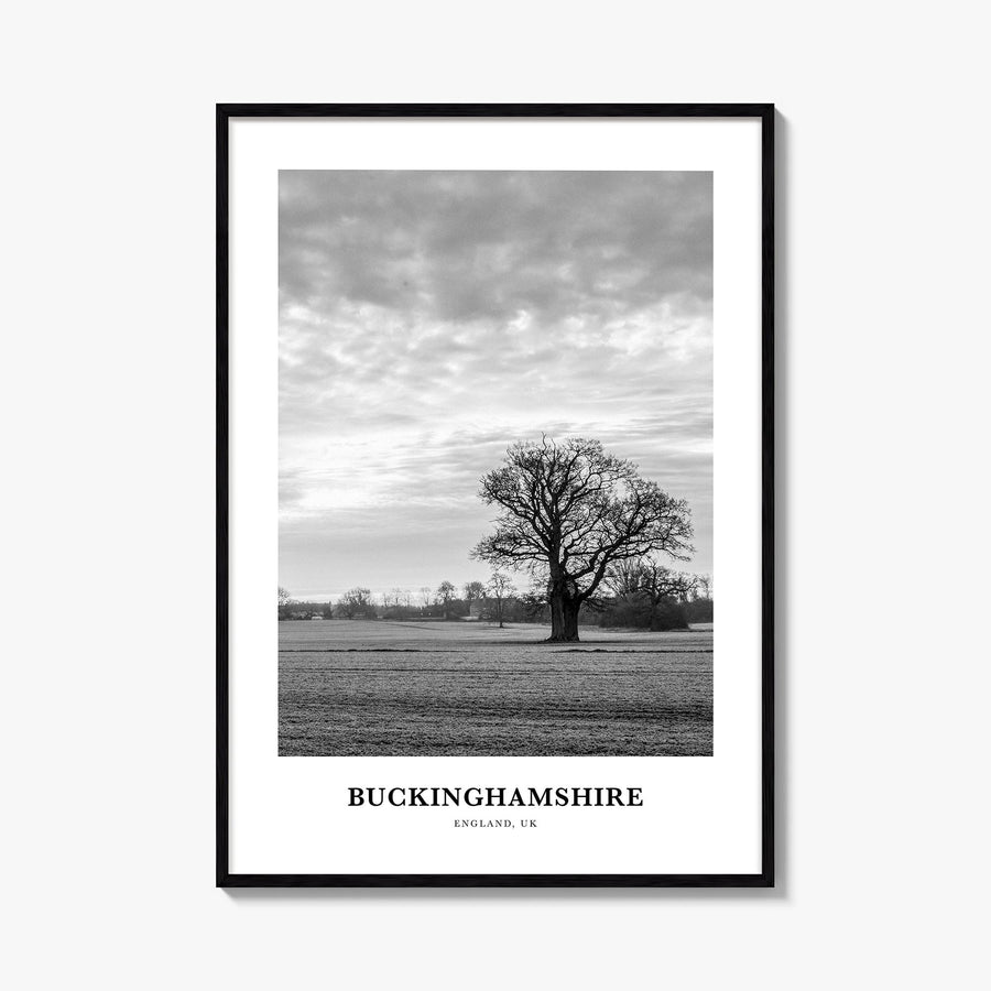 Buckinghamshire black & white classic poster of United Kingdom – vertical wall art, unframed print shown in interior mockup