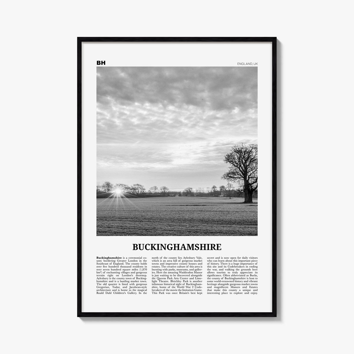 Buckinghamshire black & white newspaper poster of United Kingdom – vertical wall art, unframed print shown in interior mockup