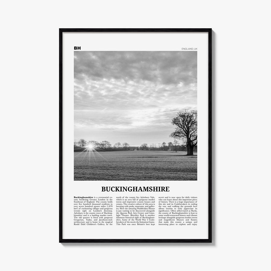 Buckinghamshire black & white newspaper poster of United Kingdom – vertical wall art, unframed print shown in interior mockup