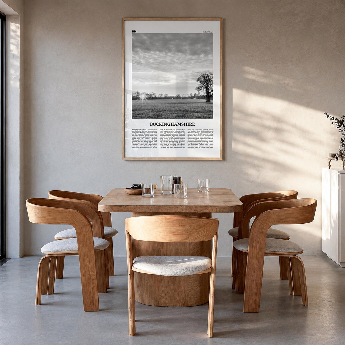 Buckinghamshire black & white newspaper poster of United Kingdom – vertical wall art in natural wood frame, hanging on wall