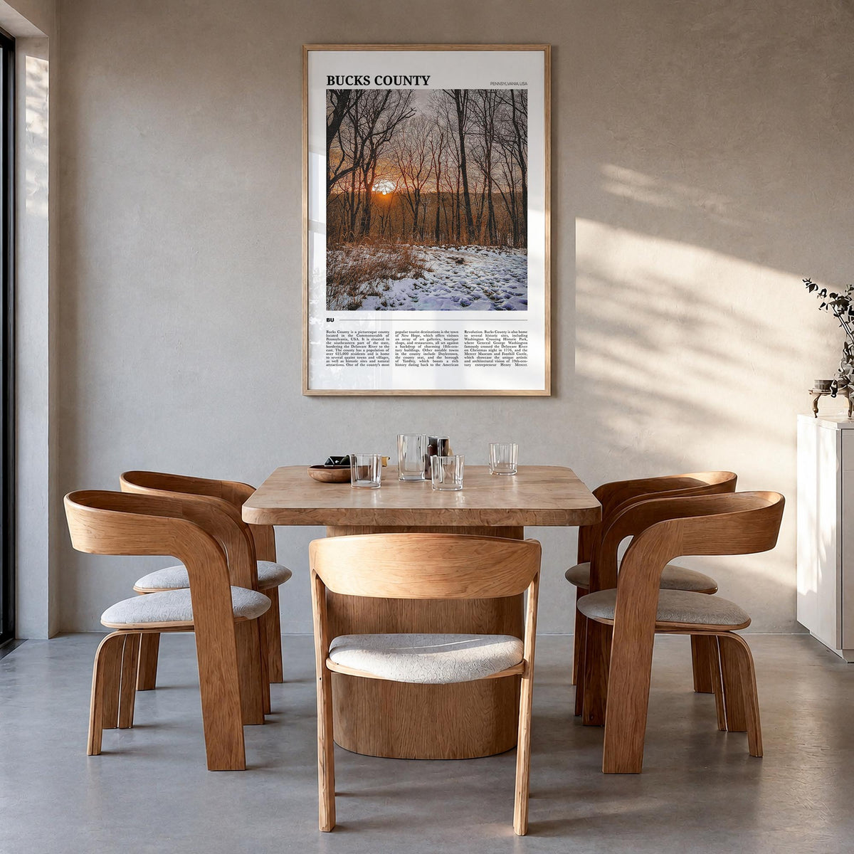 Bucks County colorful travel poster of Pennsylvania, USA – vertical wall art in natural wood frame, hanging on wall