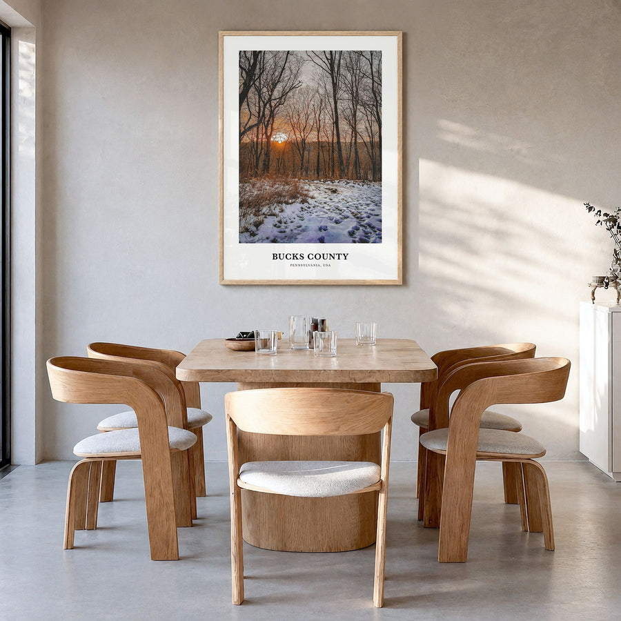 Bucks County Classic Poster in a natural wood frame, hanging in a dining room