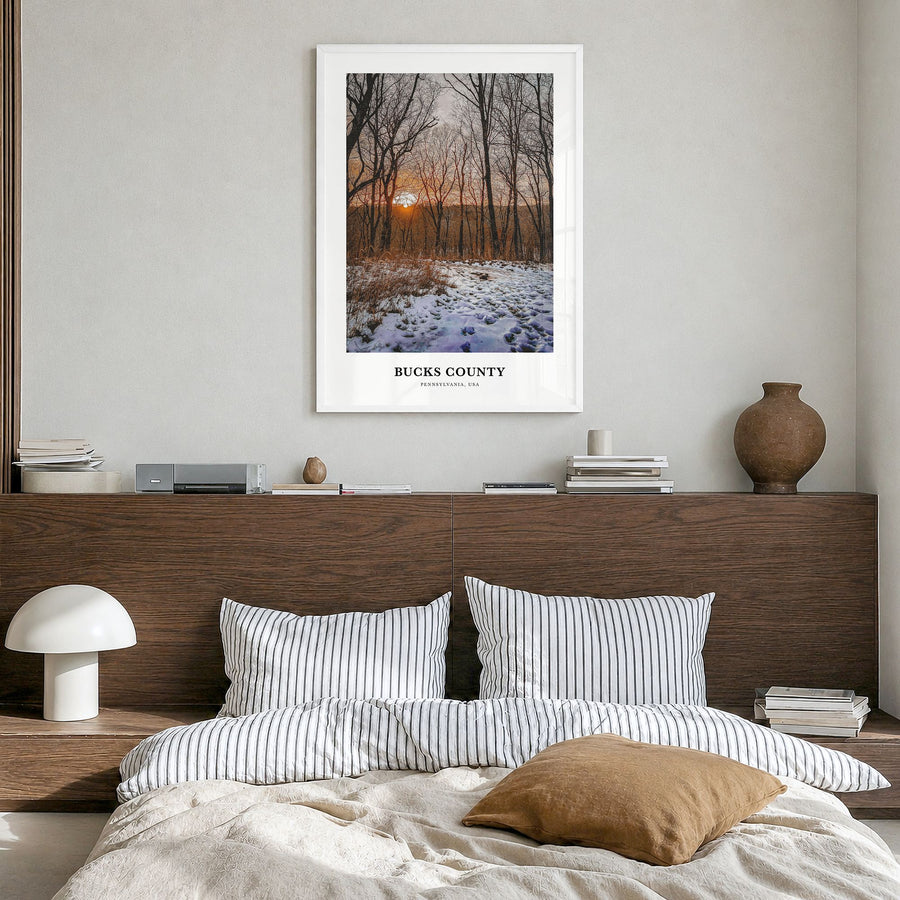 Bucks County Classic Poster in a white wood frame, hanging in a bedroom