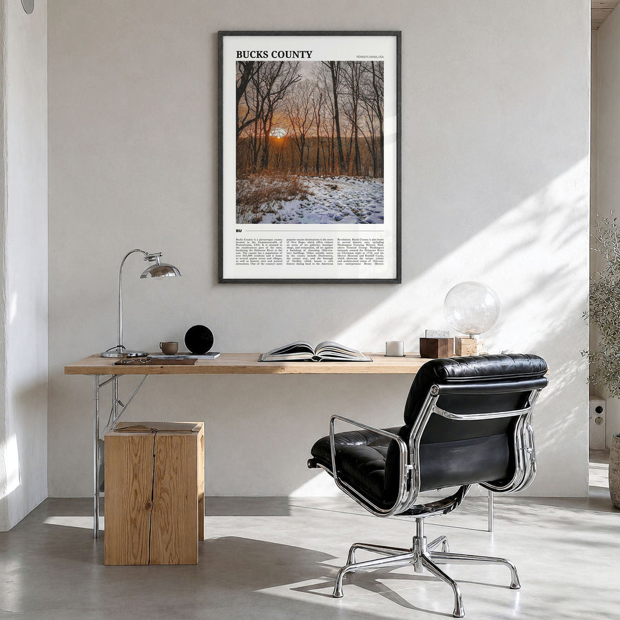 Bucks County Travel Poster in a black wood frame, hanging in a bright home office