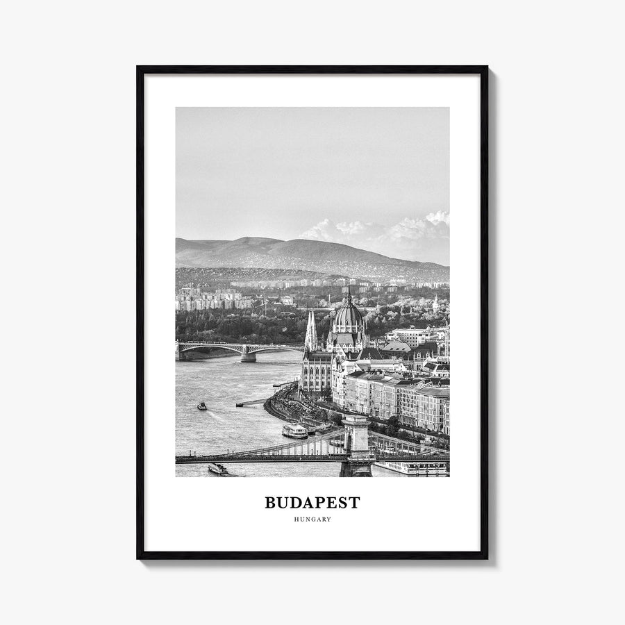 Budapest black & white classic poster of Hungary – vertical wall art, unframed print shown in interior mockup