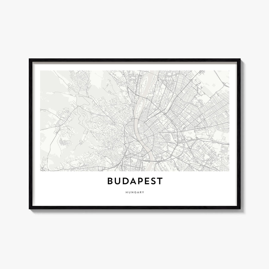 Budapest black & white map poster of Hungary – horizontal wall art, unframed print shown in interior mockup