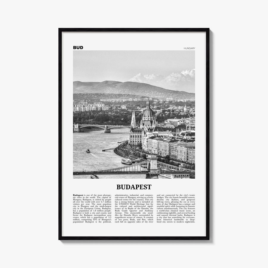 Budapest black & white newspaper poster of Hungary – vertical wall art, unframed print shown in interior mockup