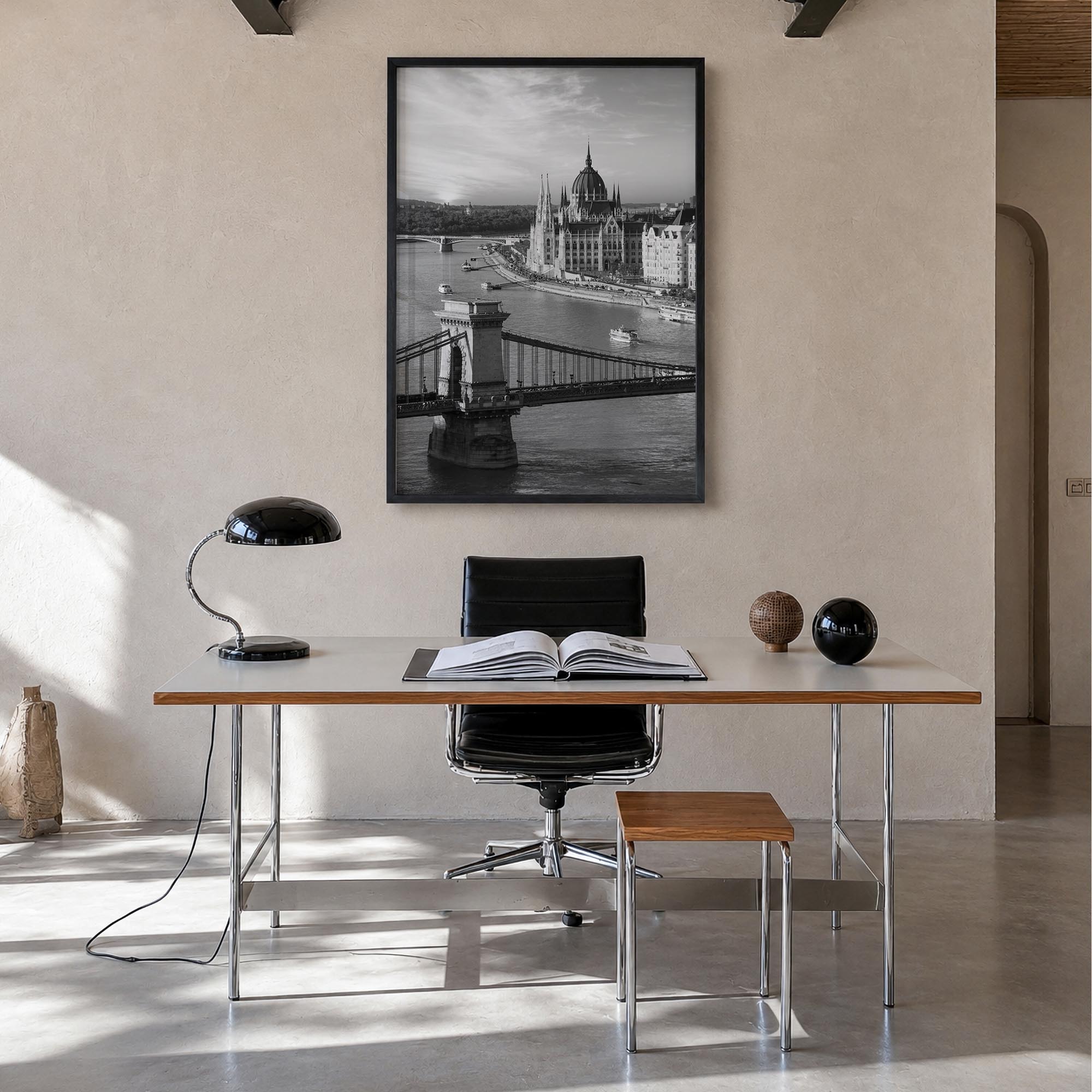 Budapest black & white photo poster of Hungary – vertical wall art in black wood frame, hanging on wall
