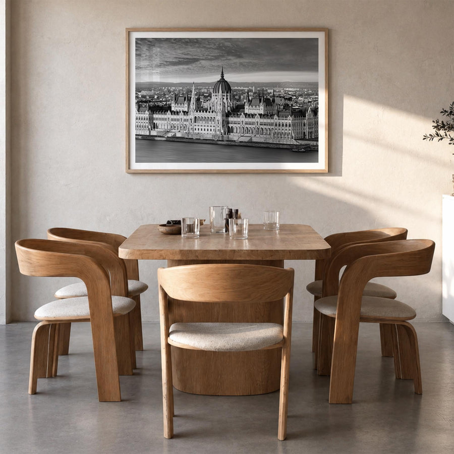 Budapest black & white photo poster of Hungary – horizontal wall art in natural wood frame with white border, hanging on wall