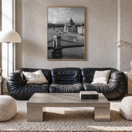 Budapest black & white photo poster of Hungary – vertical wall art in natural wood frame, hanging on wall