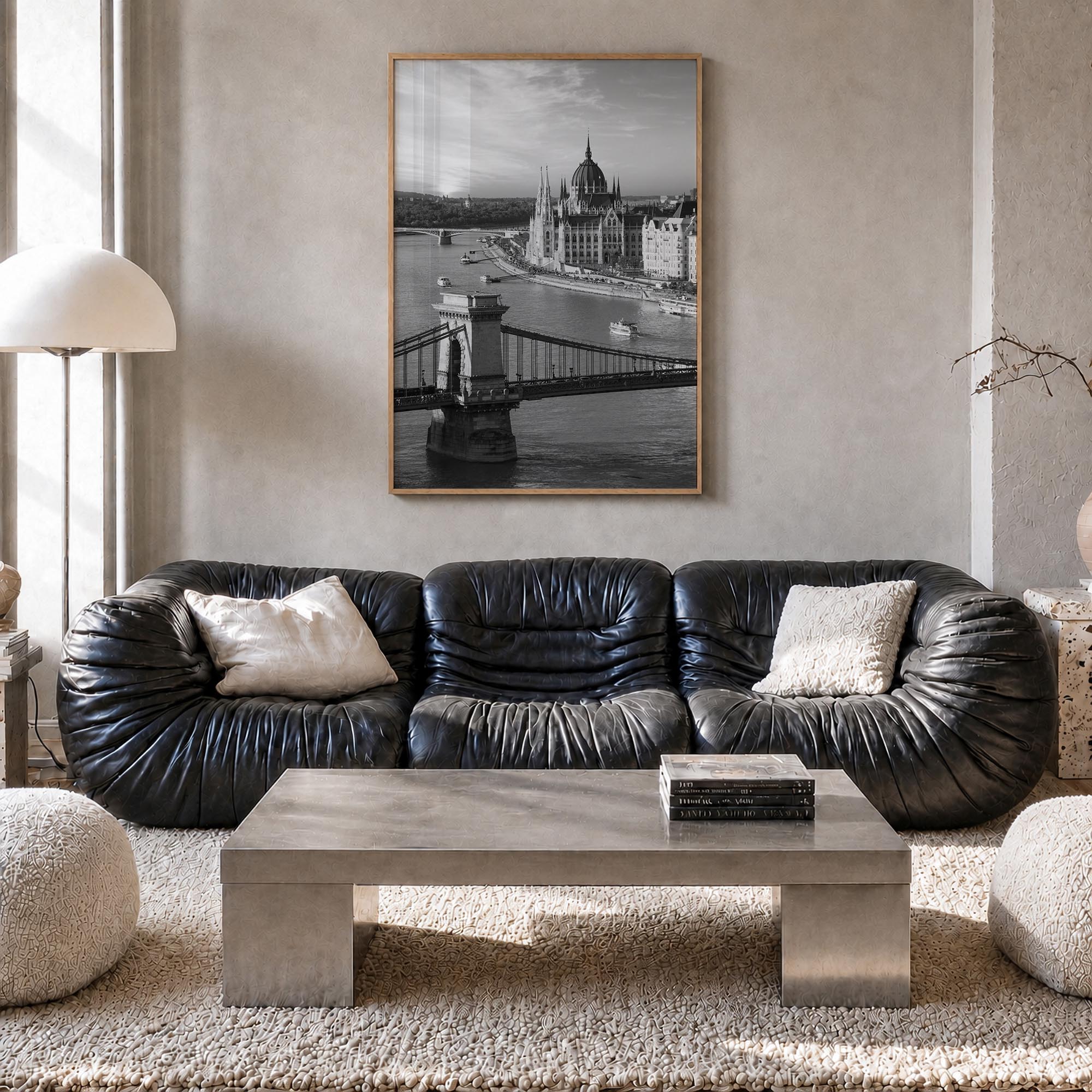Budapest black & white photo poster of Hungary – vertical wall art in natural wood frame, hanging on wall