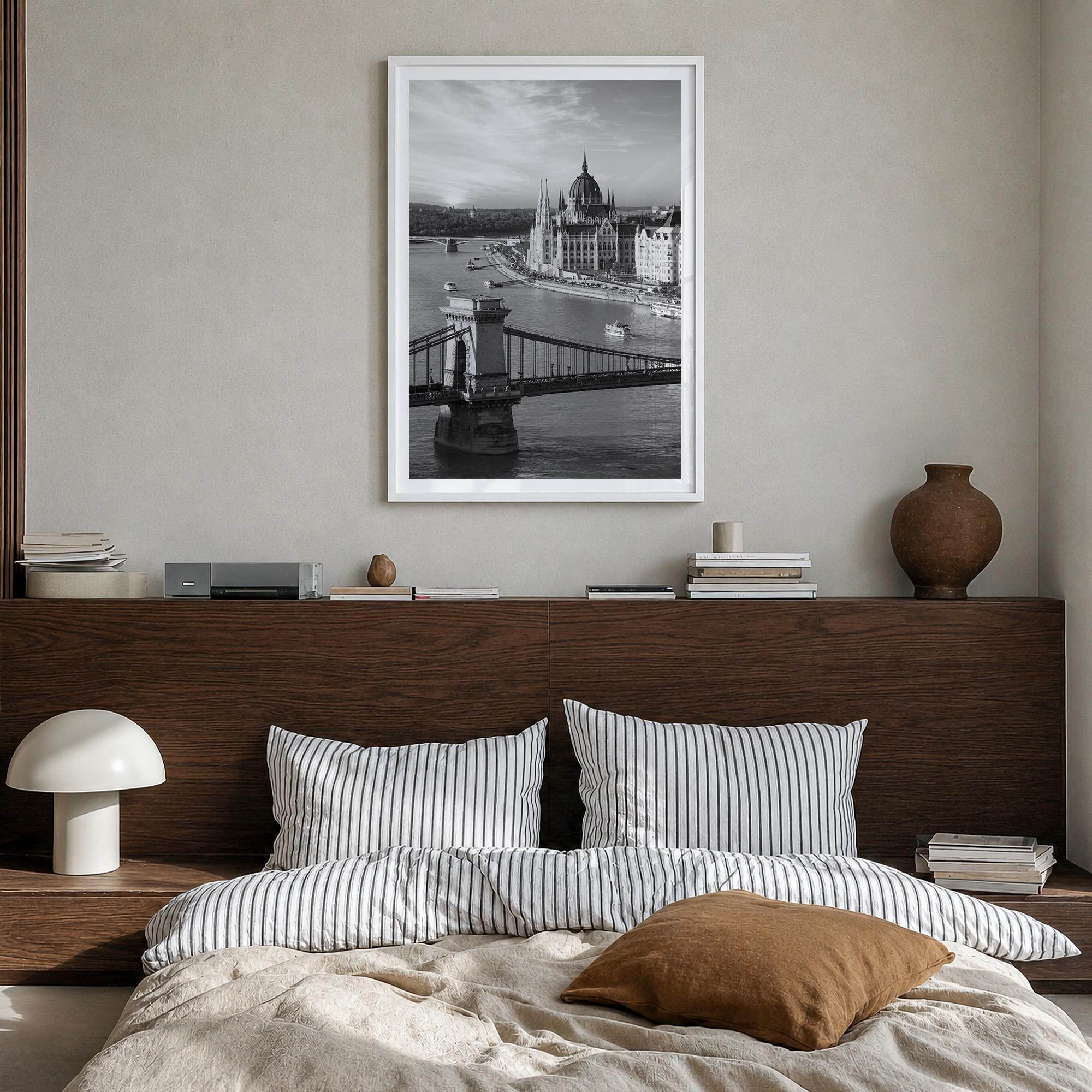 Budapest black & white photo poster of Hungary – vertical wall art in white wood frame with white border, hanging on wall