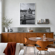 Budapest black & white photo poster of Hungary – vertical wall art in white wood frame, hanging on wall
