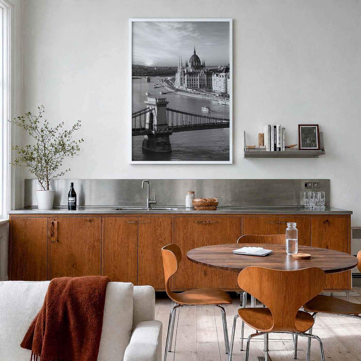 Budapest black & white photo poster of Hungary – vertical wall art in white wood frame, hanging on wall