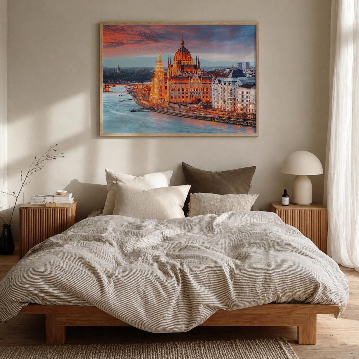 Budapest colorful photo poster of Hungary – horizontal wall art in natural wood frame, hanging on wall