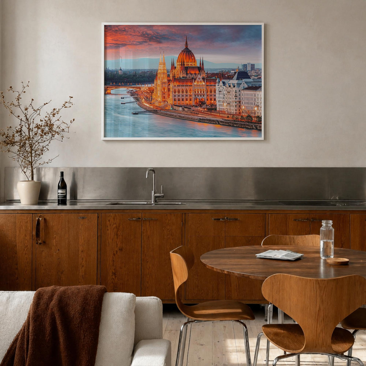 Budapest colorful photo poster of Hungary – horizontal wall art in white wood frame, hanging on wall