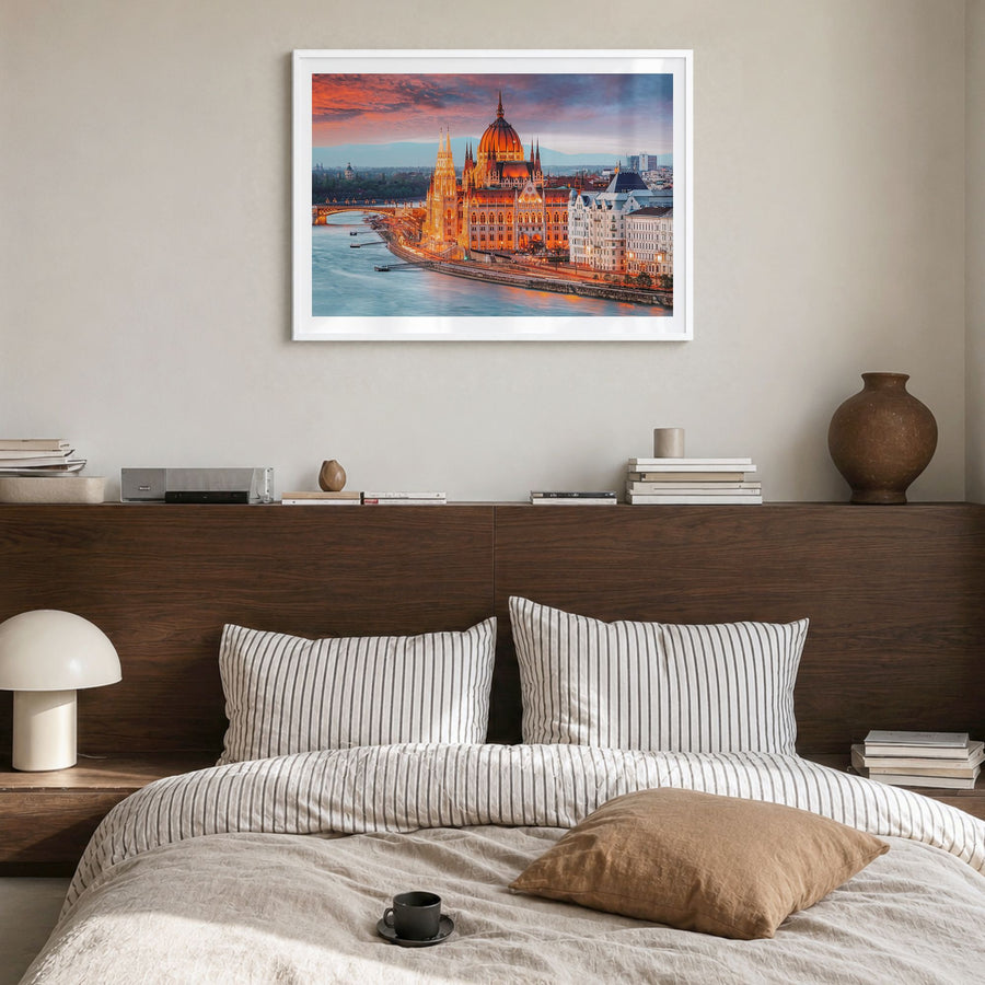 Budapest Photo Poster in a white wood frame, hanging in a bedroom, white border
