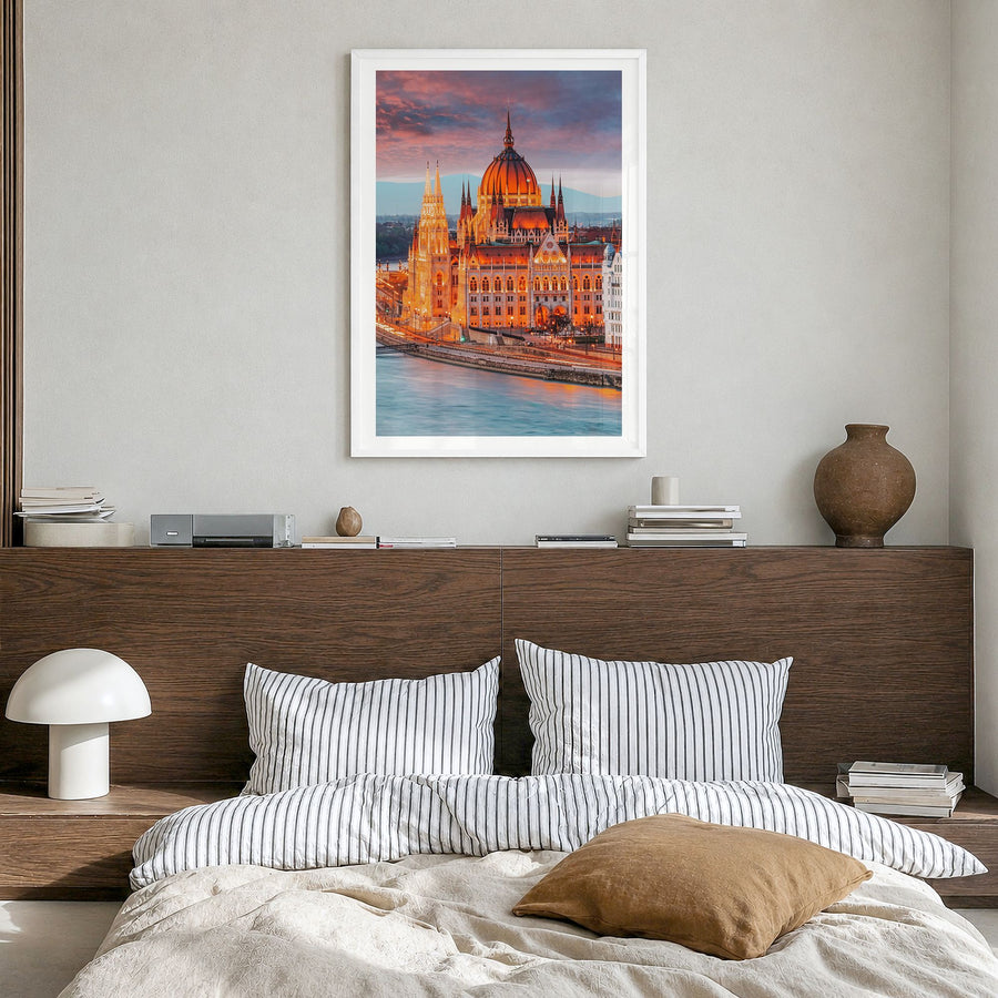 Budapest Photo No 2 Poster in a white wood frame, hanging in a bedroom, white border