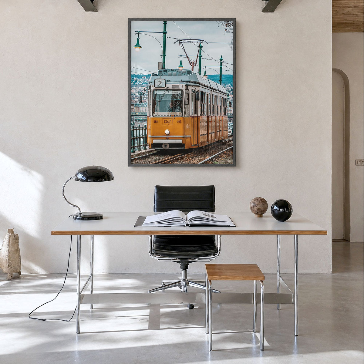 Budapest Photo No 3 Poster in a black wood frame, hanging in a minimalist home office, full image (no border)
