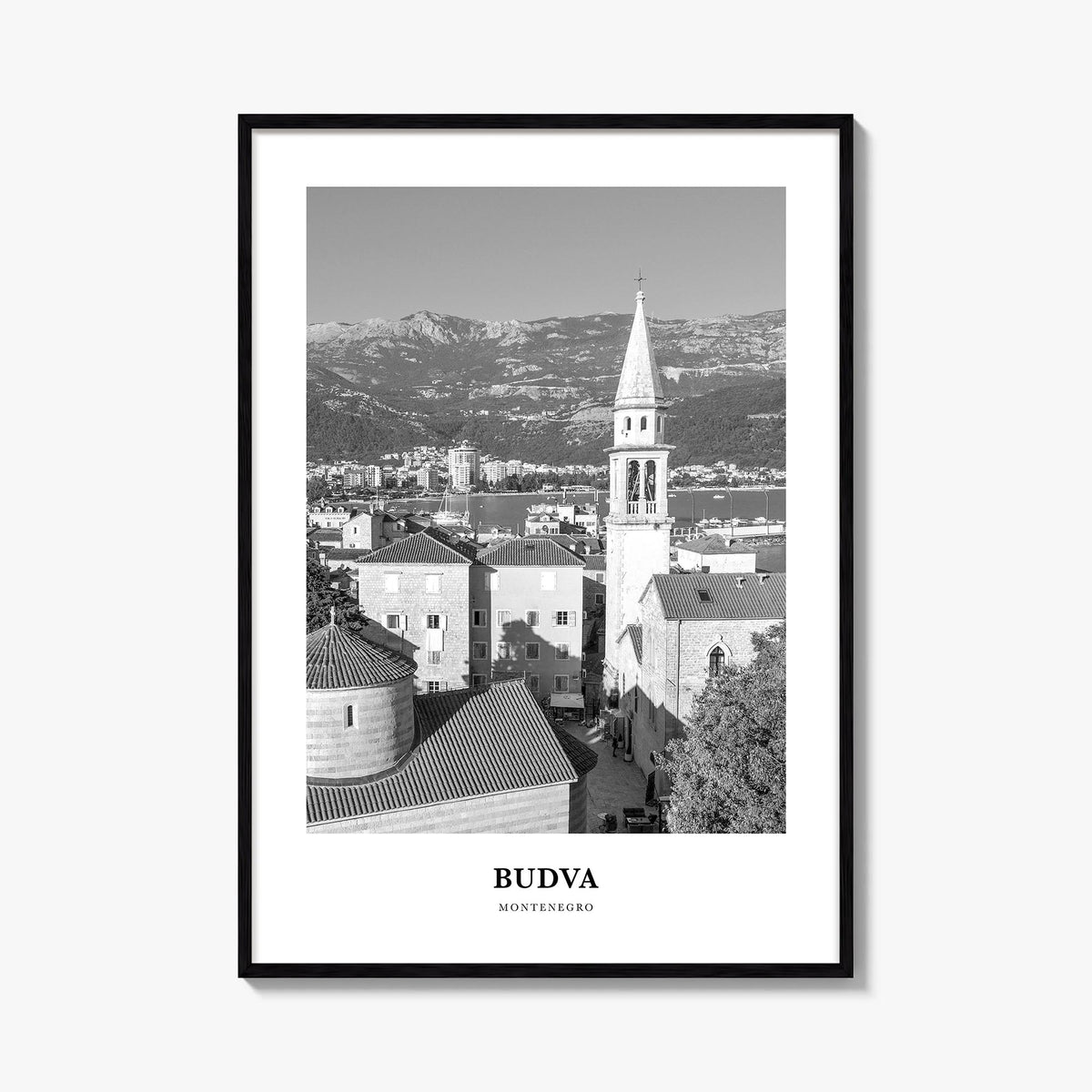 Budva black & white classic poster of Montenegro – vertical wall art, unframed print shown in interior mockup