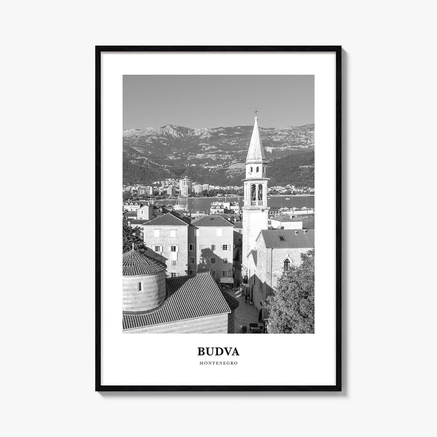 Budva black & white classic poster of Montenegro – vertical wall art, unframed print shown in interior mockup