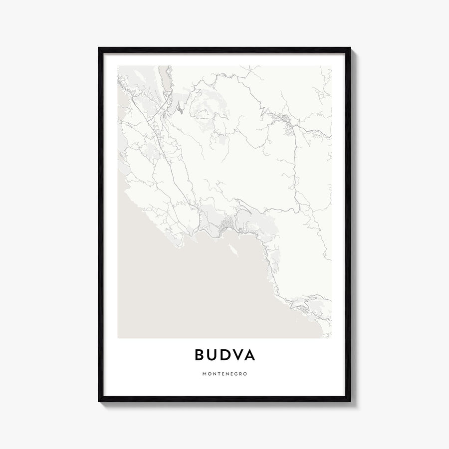 Budva black & white map poster of Montenegro – vertical wall art, unframed print shown in interior mockup