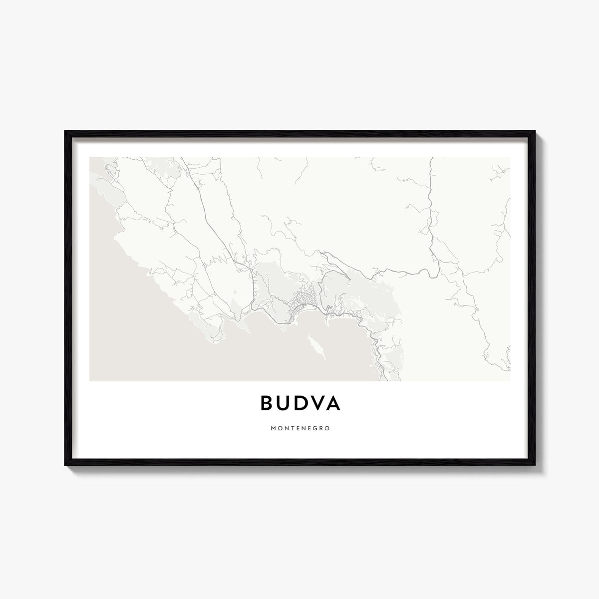 Budva black & white map poster of Montenegro – horizontal wall art, unframed print shown in interior mockup