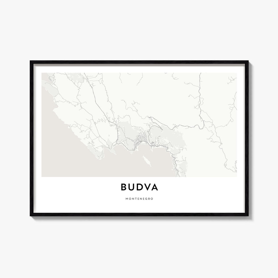 Budva black & white map poster of Montenegro – horizontal wall art, unframed print shown in interior mockup